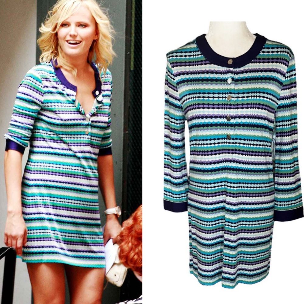 Tory Burch Silk Knit Blue Striped Tunic Mini Column Dress - M